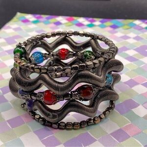 Memory Wire Wide Wrap Gunmetal Glass Beads Bracelet